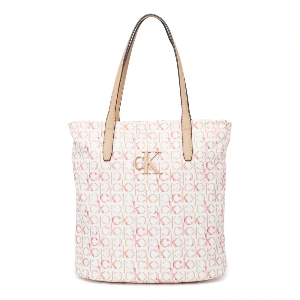 Calvin Klein Pink Cream Monogram Tote with Tan Handles